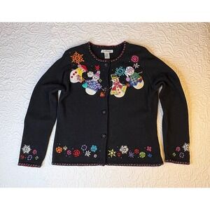 VTG Berek by Collage Women Black Snowman Ugly Christmas Sweater Cardigan M‎
